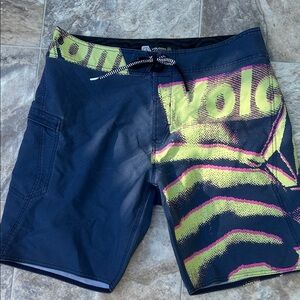 Volcom Navy and Neon Graphic Board Shorts